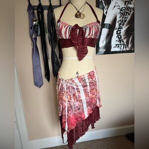 Handmade Bohemian Red and White Asymmetrical Skirt and Halter Top Set